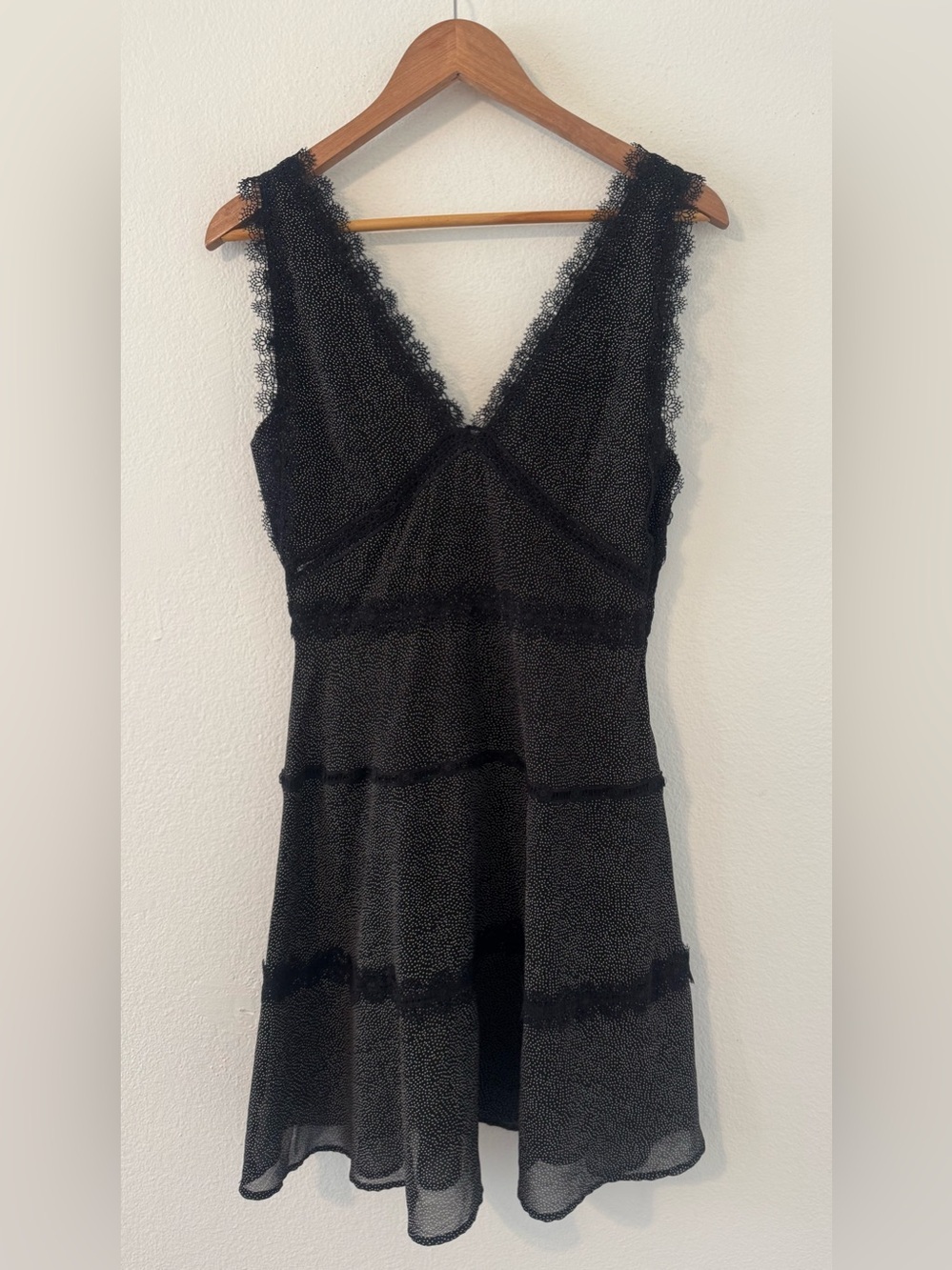The Kooples Black Micro Polka Dot Lace Trim Fit & Flare Mini Slip Dress Small